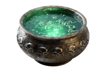 Bubbling green potion in skull cauldron liquid isolated on a transparent background