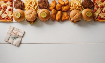 Overhead view of a white table laden with various fast food items and a "Fast Food" note
