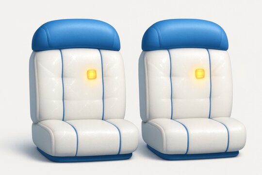 Pair of futuristic white seats with blue trim and glowing square inserts, clean background