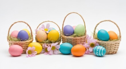 Pastel Easter eggs in small woven baskets with pink flowers on a bright white background