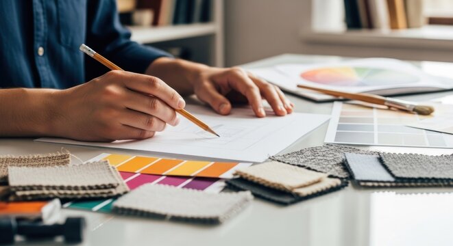Person's hands sketching on paper, surrounded by fabric swatches and color palettes