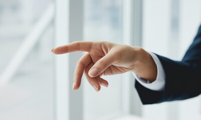 Obraz premium Professional's hand in dark suit gesturing forward against a bright window backdrop