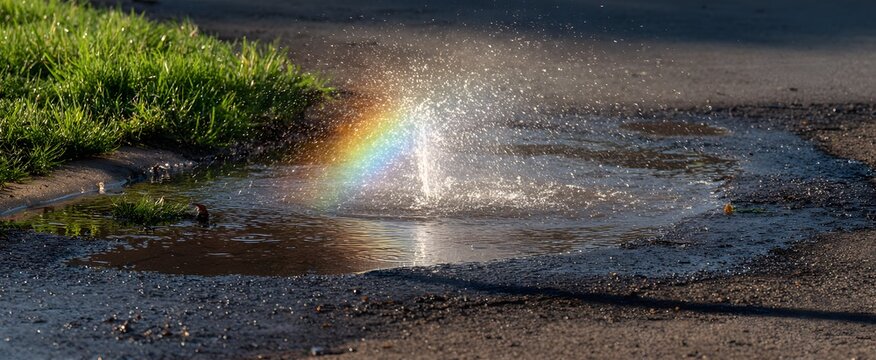 Spit arcs midair from a child on a sunlit playground near puddles and grass.