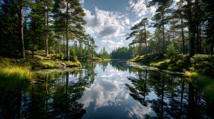 Obraz premium Still waters reflect the forest canopy providing nature tranquil scene for meditation and contemplation during summer season creating peace in natural surroundings