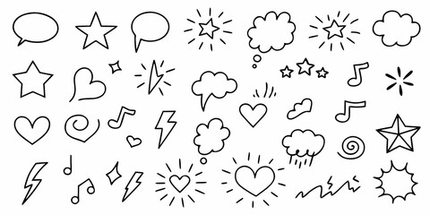 Collection of hand drawn doodle icons including stars hearts clouds lightning bolts and music notes