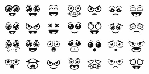 Collection of cartoon emoji faces expressing various emotions and moods in a simple black and white vector style