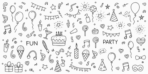 Whimsical hand drawn doodle elements for birthday party celebration and fun