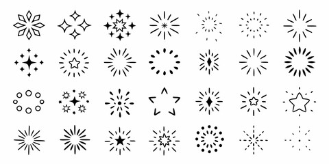Collection of hand drawn starbursts and sparkles in black and white for design elements