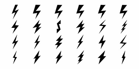 Collection of black lightning bolt icons and symbols on a white background