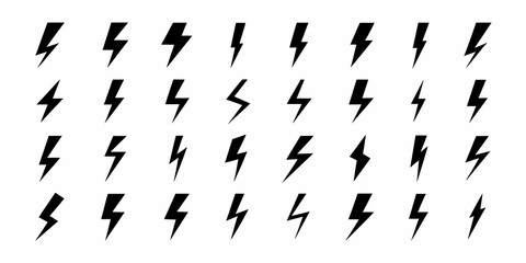 Collection of black lightning bolt icons on a white background representing energy and power