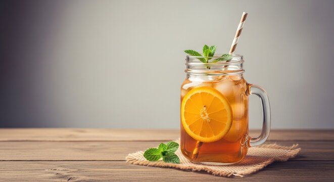 Refreshing iced tea beverage in a mason jar, garnished with lemon, mint, and ice
