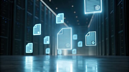 A futuristic data center scene depicting floating digital documents illuminated in a dark environment, symbolizing advanced technology and data management.