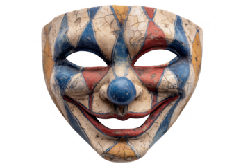 Cracked clown mask with diamond pattern image isolated on a transparent background