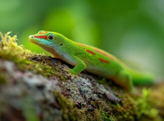 Fototapeta premium Vibrant green gecko with striking red stripes, a captivating wildlife close up, perfect for nature enthusiasts and educational resources.