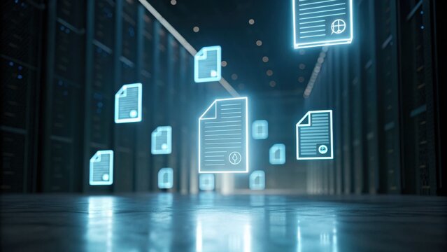 A futuristic data center scene depicting floating digital documents illuminated in a dark environment, symbolizing advanced technology and data management.