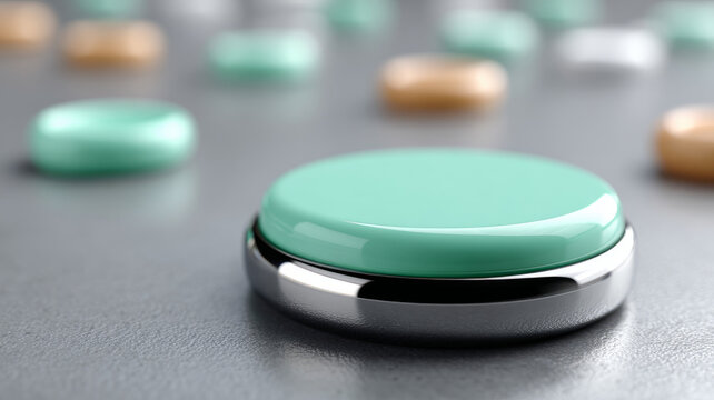 Close-up of mint green button on a metallic surface.