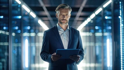 A professional man in a suit holds a tablet, standing in a high-tech environment illuminated by blue lights.