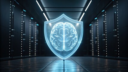 A futuristic shield design featuring a glowing brain, set in a high-tech environment, symbolizing protection and intelligence.