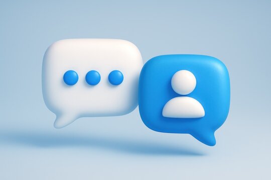 Rounded 3D white chat bubble with dots, blue user bubble, soft light blue background