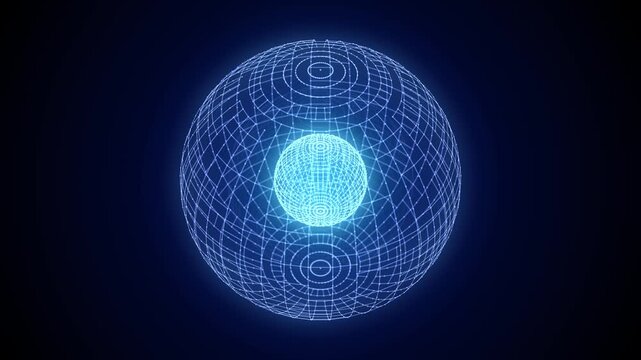 Abstract blue sci-fi sphere with particles. Technology network connection on world. Futuristic illustration. Global digital connections ai. 3D wireframe geometric sphere. 3D rendering.