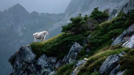Mountain goat munches calmly on rocky ridge with rough bushes and jagged stones in soft mist.
