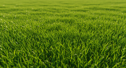 Obraz premium Vibrant green grass field bathed in soft sunlight, creating a serene and natural backdrop for outdoor themes and fresh beginnings.