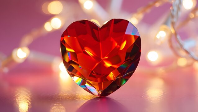 Sparkling red crystal heart with bokeh lights background