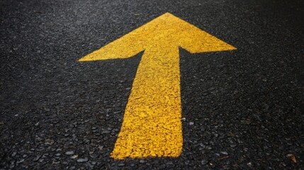 Bright yellow upward-pointing arrow painted on dark textured asphalt surface,