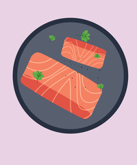 Flat Design with Two Salmon on a Plate