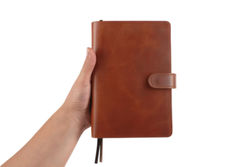 person holding a leather journal book. Isolated on transparent background, png