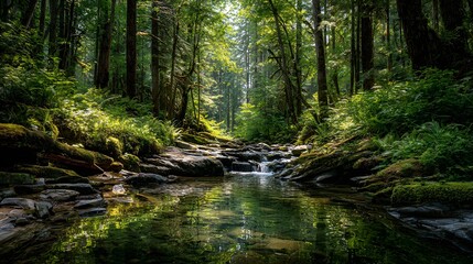 Deep forest stream cascade flows over mossy stones amid towering ancient trees and vibrant ferns