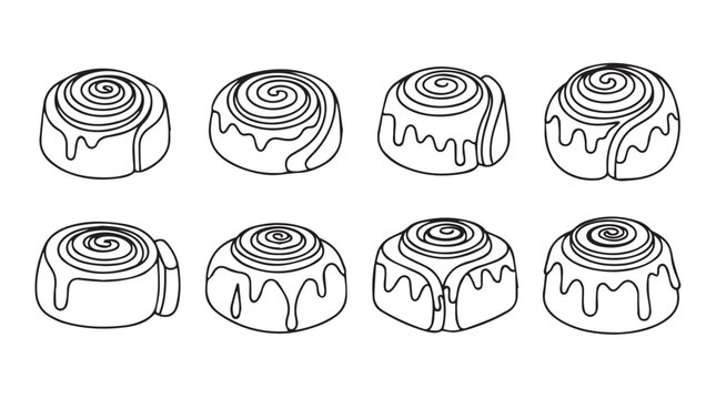 Delicious cinnamon rolls collection sweet pastry baked goods hand drawn sketch line art vector