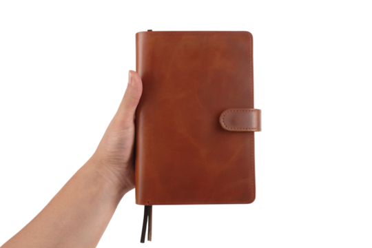  person holding a leather journal book. Isolated on transparent background, png