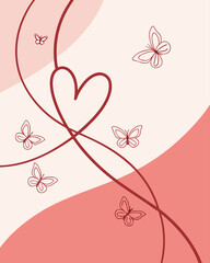 Minimalist continuous line heart with pink gradient background, romantic elegant vector for cards.
