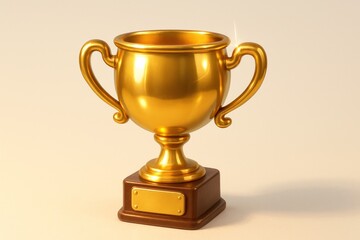 Shiny 3D render of a golden award trophy cup on a wooden base with a plaque
