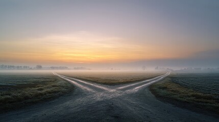 Fototapeta premium junction. A conceptual crossroads splitting in two directions, symbolic path choice. wellbeing guides, coaching materials, designed for coaching and self-improvement content, used by lab technicians.