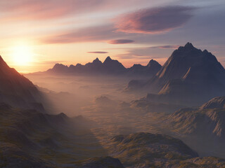 Naklejka premium Majestic mountain landscape at sunrise, misty valley with glowing sunlight, peaceful nature scenery, beautiful sky with warm golden tones, dreamy travel background, wilderness adventure inspiration