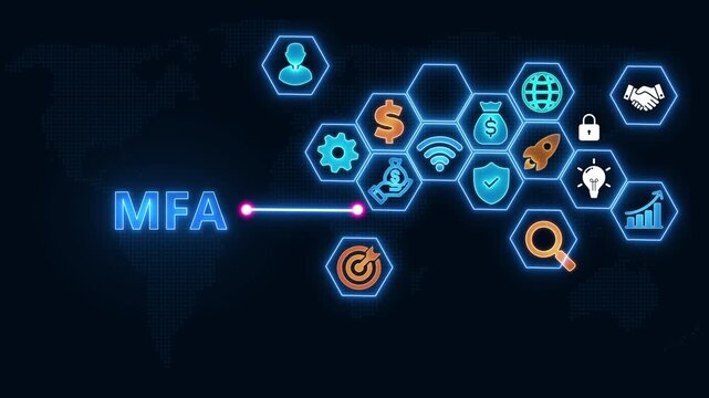 Digital HUD Display Featuring MFA Acronym in Bright Blue Neon Lights on a Tech Background security