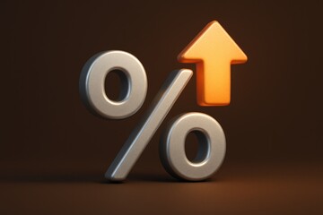 Silver 3D percentage symbol next to an orange upward arrow on a dark brown surface