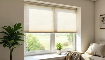Stylish modern window blinds installed in a bright, sunlit room, offering privacy and light control The clean lines and neutral color create a serene atmosphere , faux wood blinds, building © vilavanh