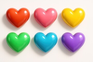 Fototapeta premium Six glossy, colorful heart shapes red, pink, yellow, green, blue, purple, on light background