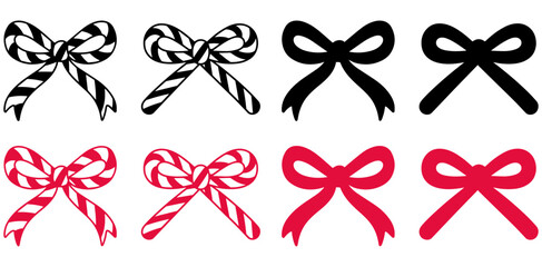 Set of Red Ribbon Bows with Candy Cane and Peppermint Swirls Isolated on White