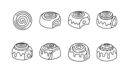 Hand drawn cinnamon roll collection fresh baked pastry icons for sweet treats and baking vector