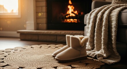 Soft boots on a round woven rug near a glowing fireplace and cozy blanketed sofa