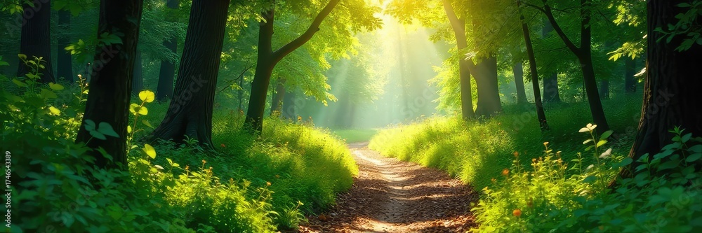 Poster sun-dappled forest path winding through lush greenery, sunlight filtering through leaves, creating a