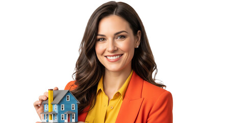 Home in Hand: An inviting image of a woman beaming with a miniature house in hand, showcasing a dream of owning a perfect home.
