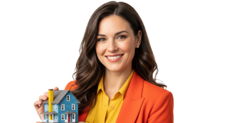 Home in Hand: An inviting image of a woman beaming with a miniature house in hand, showcasing a dream of owning a perfect home.