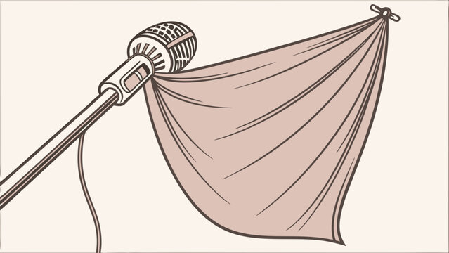 Microphone with draped fabric music performance singing announcement concert audio sound broadcasting studio illustration vector graphic design element backdrop curtain stage eve.
