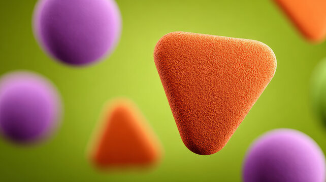 Colorful geometric shapes floating against a green background.