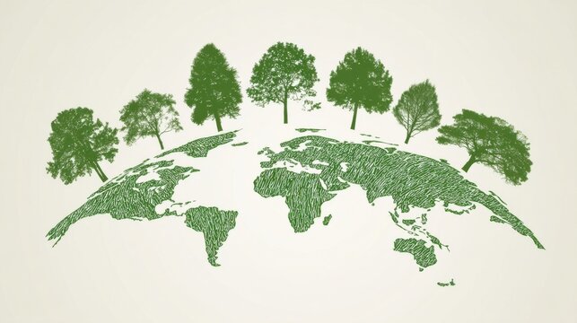 A stylized Earth with green continents covered in diverse trees symbolizes environmental consciousness and conservation 